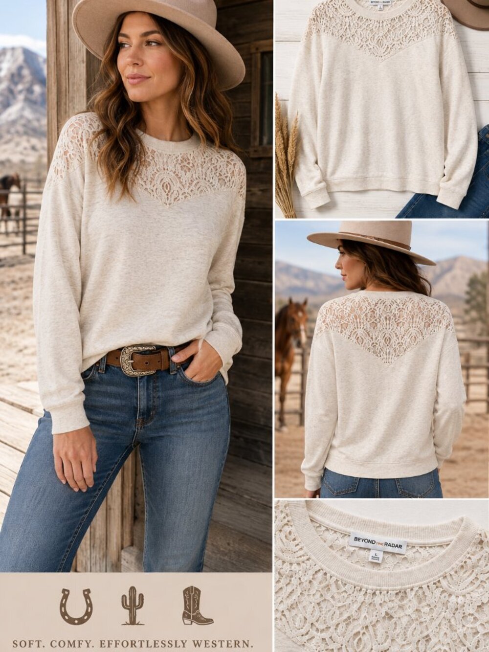 NWOT Beyond The Radar Oatmeal Lace Yoke Pullover Sweater Top L Cozy Boho Western
